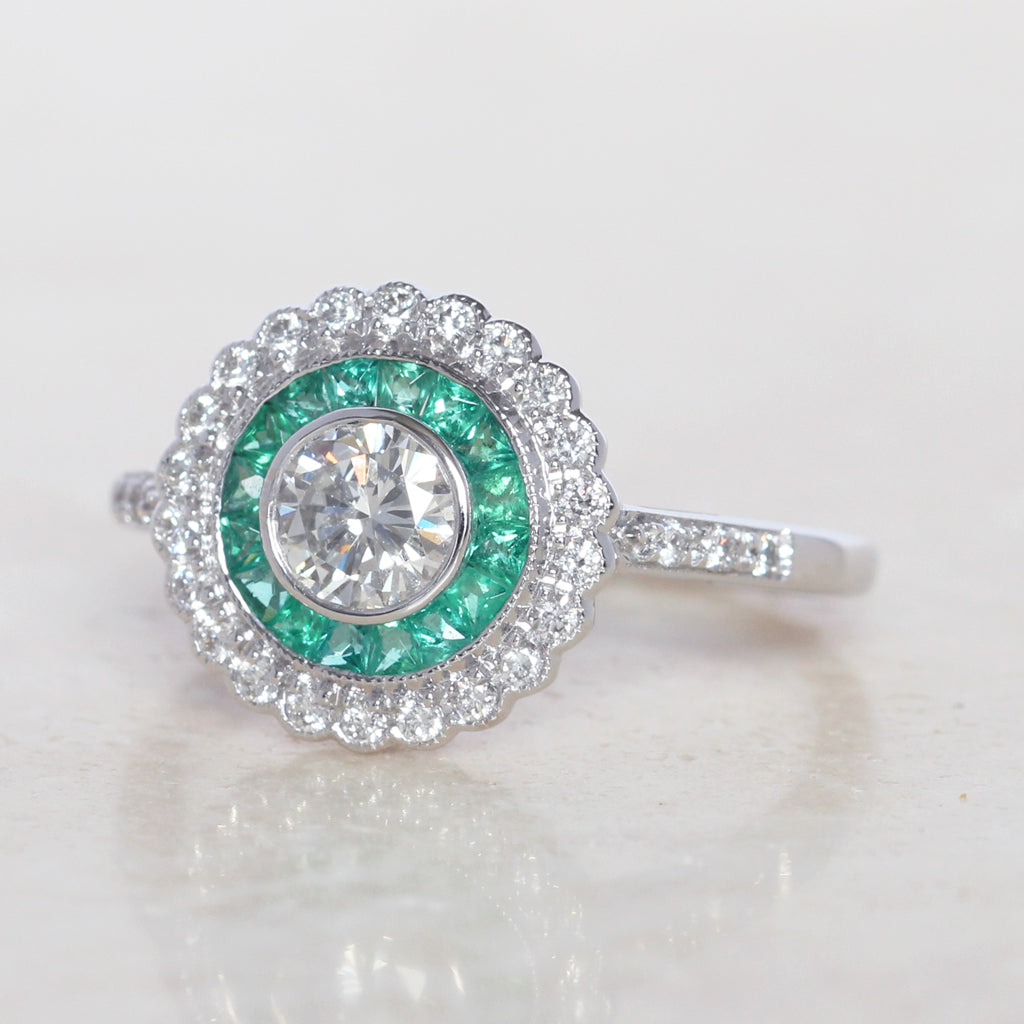 Art Deco Style Carat Diamond and Emerald Halo Target Cluster
