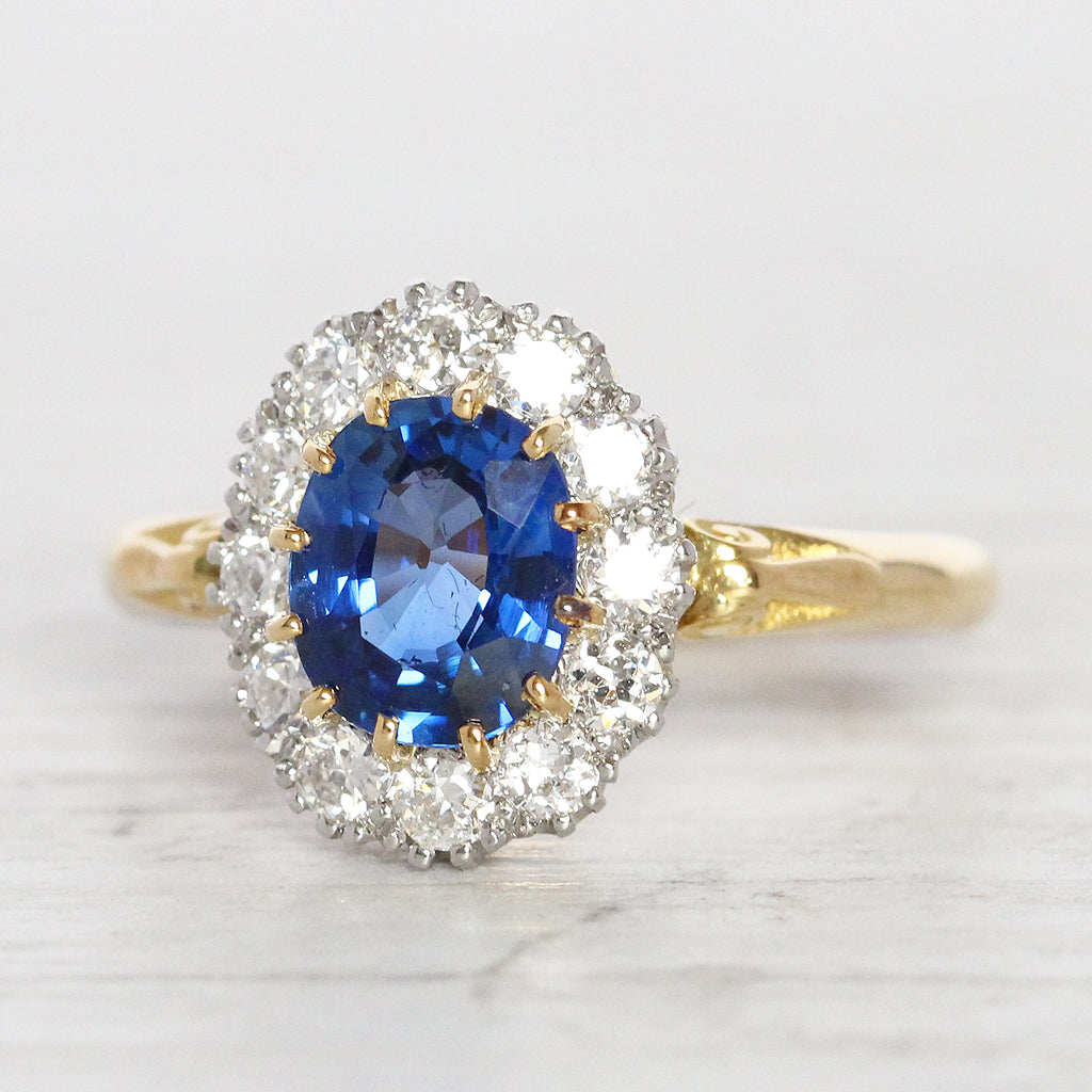 Victorian Style 1.37 Carat Sapphire and Old Cut Diamond Cluster