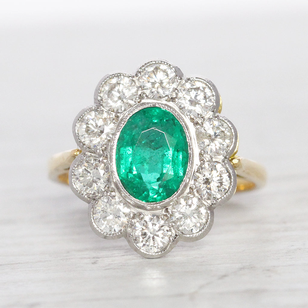 Vintage Style 1.30 Carat Emerald and Diamond Cluster