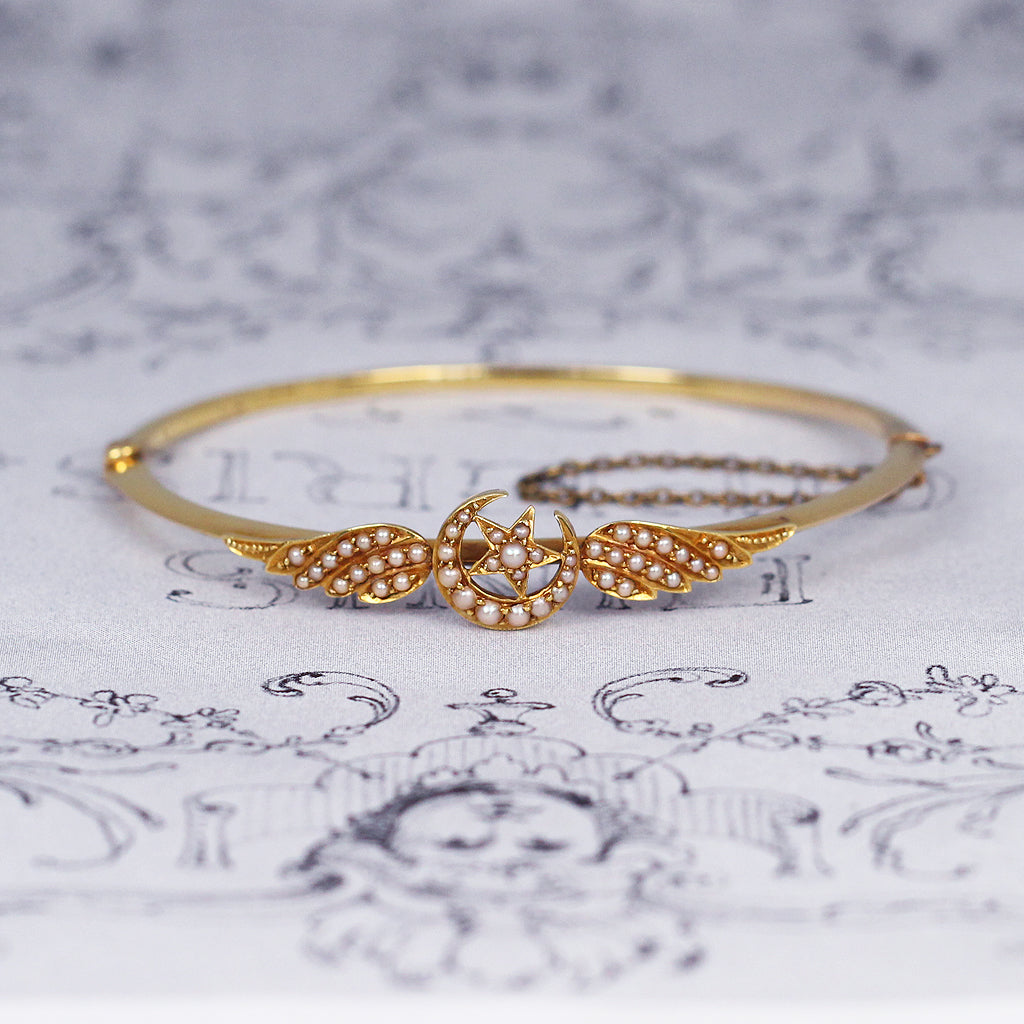 Victorian Crescent Moon, Star and Wing Pearl Bangle – Holts Jewellery