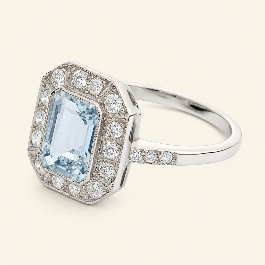 Art Deco Style 1.45 Carat Aquamarine and Diamond Cluster
