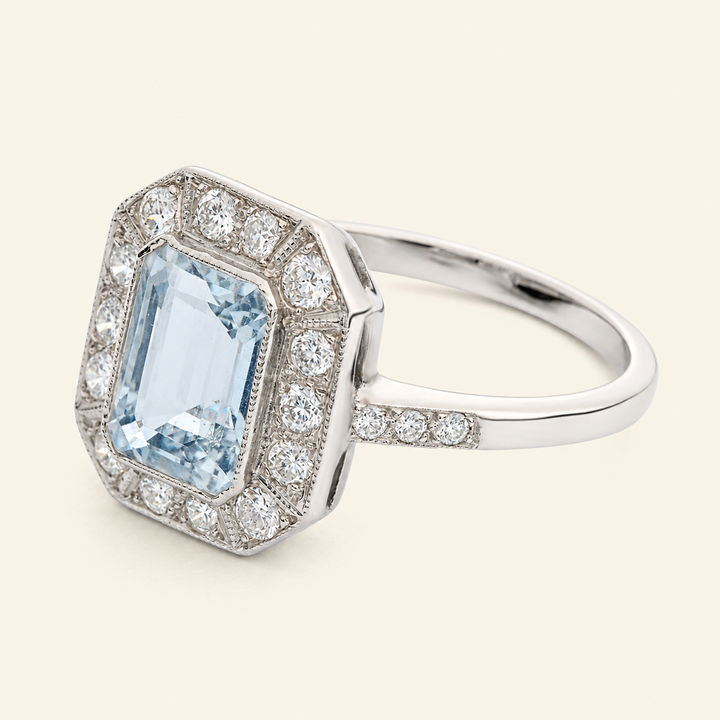Art Deco Style 1.45 Carat Aquamarine and Diamond Cluster