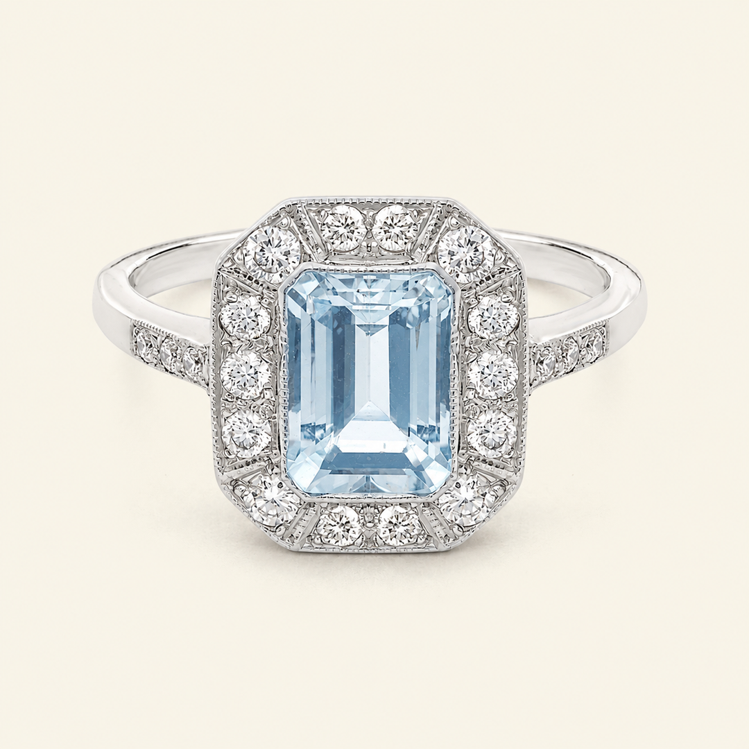 Art Deco Style 1.45 Carat Aquamarine and Diamond Cluster