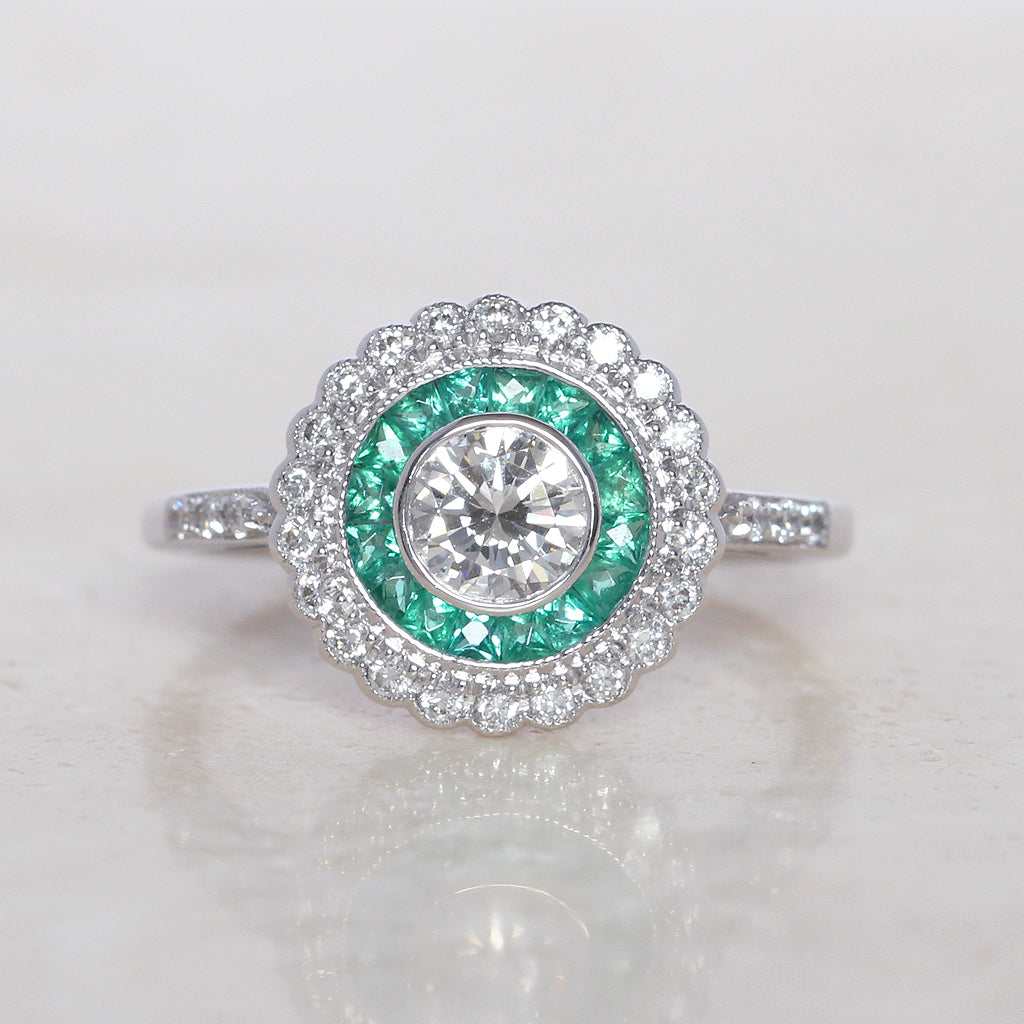 Art Deco Style 0.50 Carat Diamond and Emerald Halo Target Cluster