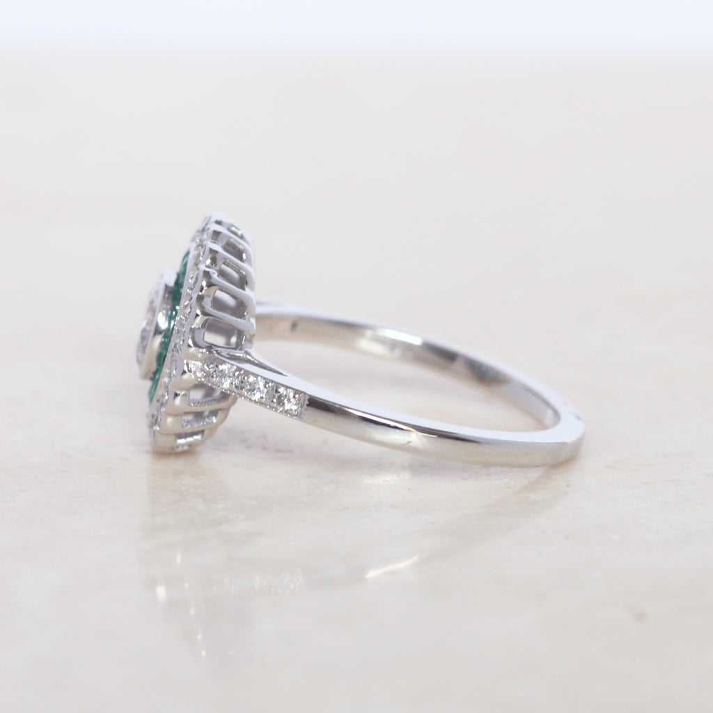 Art Deco Style 0.50 Carat Diamond and Emerald Halo Target Cluster