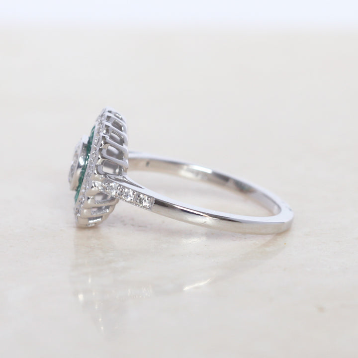 Art Deco Style 0.50 Carat Diamond and Emerald Halo Target Cluster