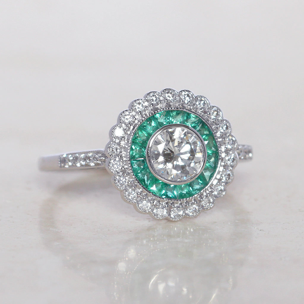 Art Deco Style 0.50 Carat Diamond and Emerald Halo Target Cluster