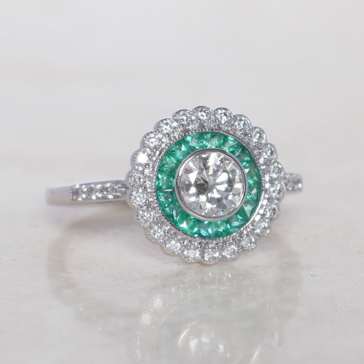 Art Deco Style 0.50 Carat Diamond and Emerald Halo Target Cluster