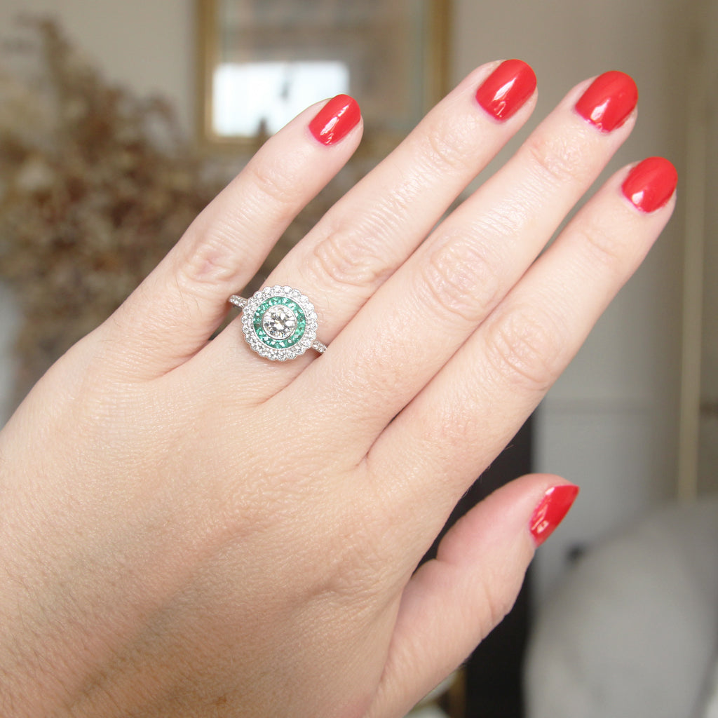 Art Deco Style 0.50 Carat Diamond and Emerald Halo Target Cluster