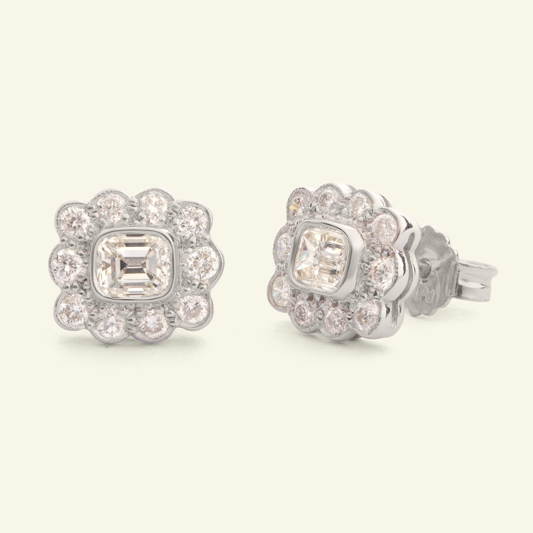 Vintage Style 1.10 Carat Emerald Cut and Brilliant Cut Diamond Cluster Stud Earrings