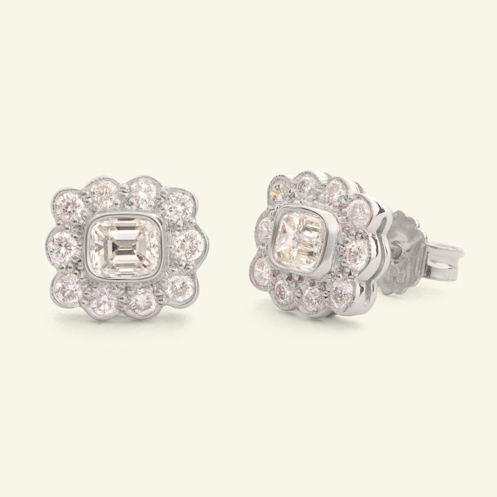 Vintage Style 1.10 Carat Emerald Cut and Brilliant Cut Diamond Cluster Stud Earrings