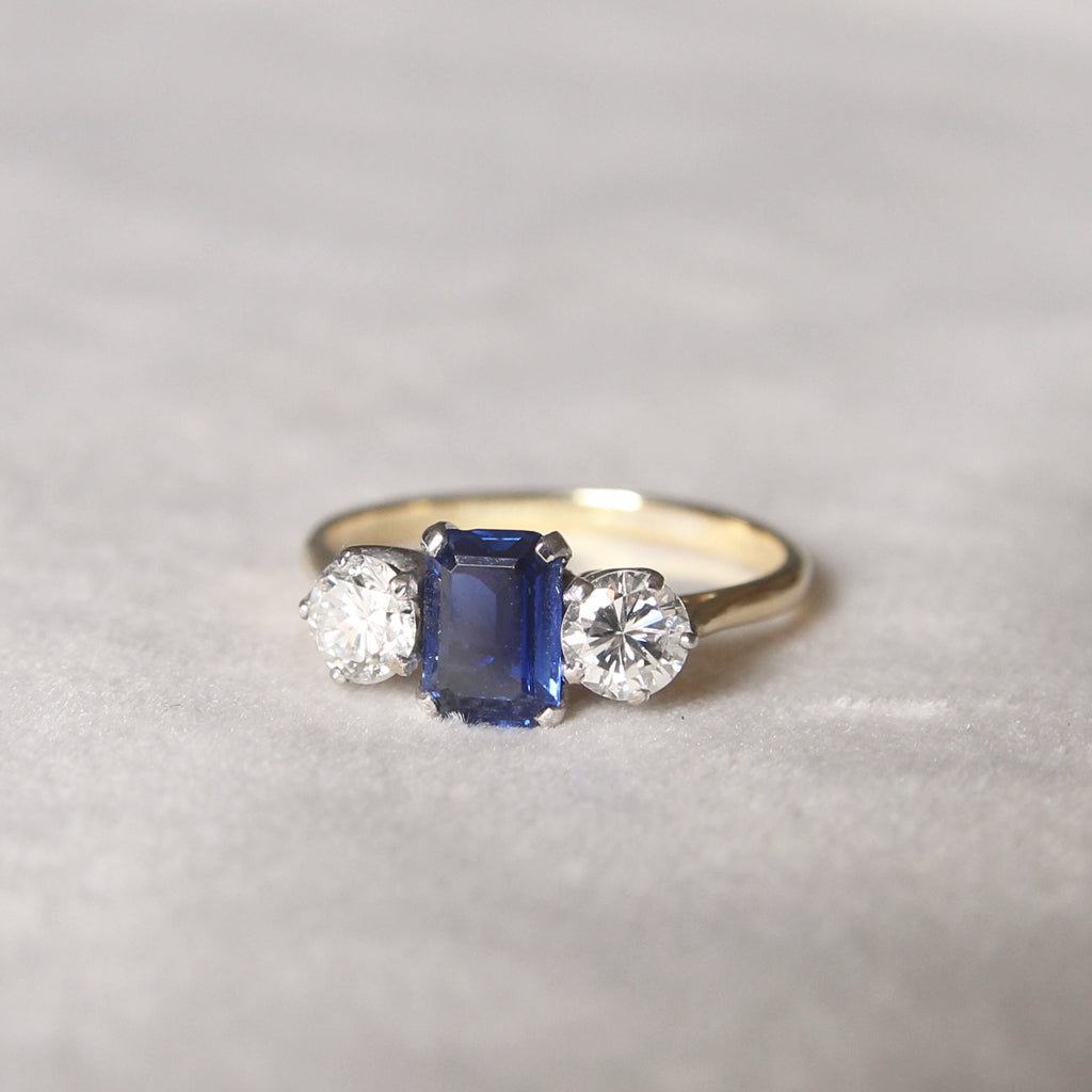 Vintage 1.05 Carat Sapphire and Diamond Three Stone