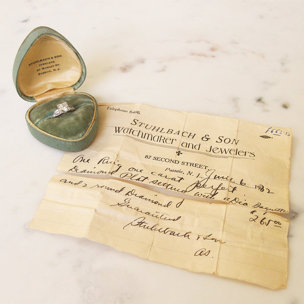 Art Deco 1.25 Carat Transitional Cut Diamond Solitaire with Original Box and Receipt from 1932