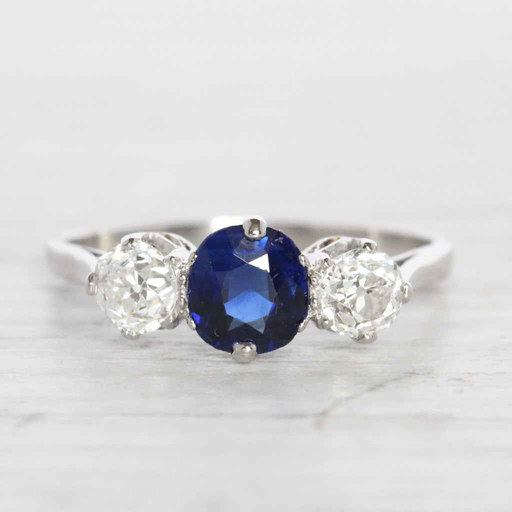 Vintage 0.95 Carat Sapphire and Old Cut Diamond Three Stone