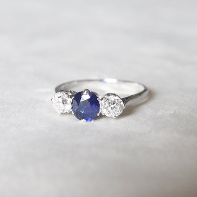 Vintage 0.95 Carat Sapphire and Old Cut Diamond Three Stone