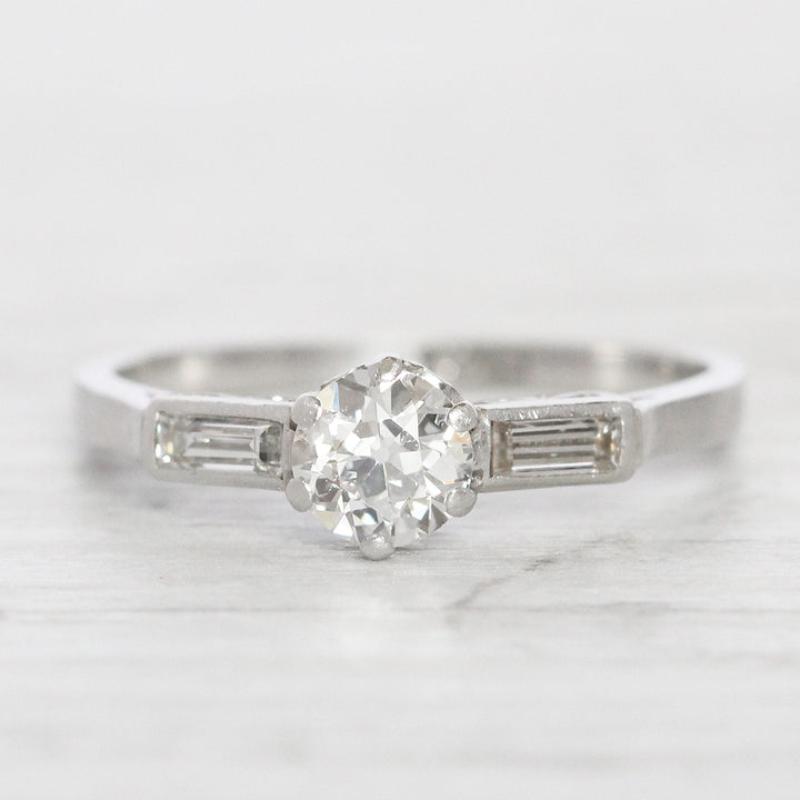 Art Deco 0.50 Carat Old European Cut Diamond Solitaire with Baguette Diamond Shoulders