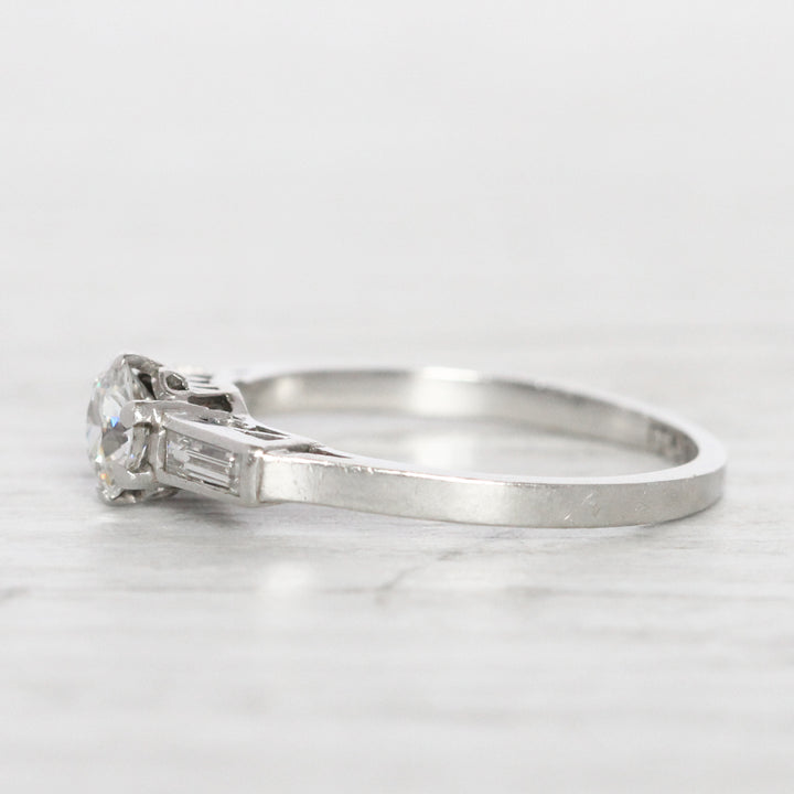 Art Deco 0.50 Carat Old European Cut Diamond Solitaire with Baguette Diamond Shoulders