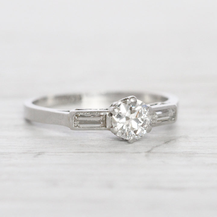Art Deco 0.50 Carat Old European Cut Diamond Solitaire with Baguette Diamond Shoulders