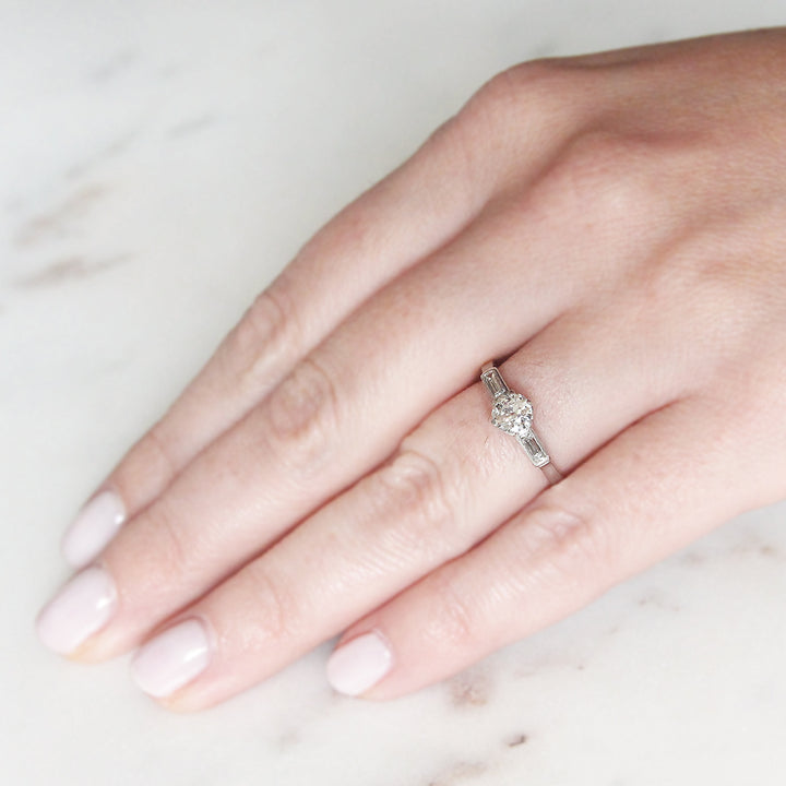 Art Deco 0.50 Carat Old European Cut Diamond Solitaire with Baguette Diamond Shoulders
