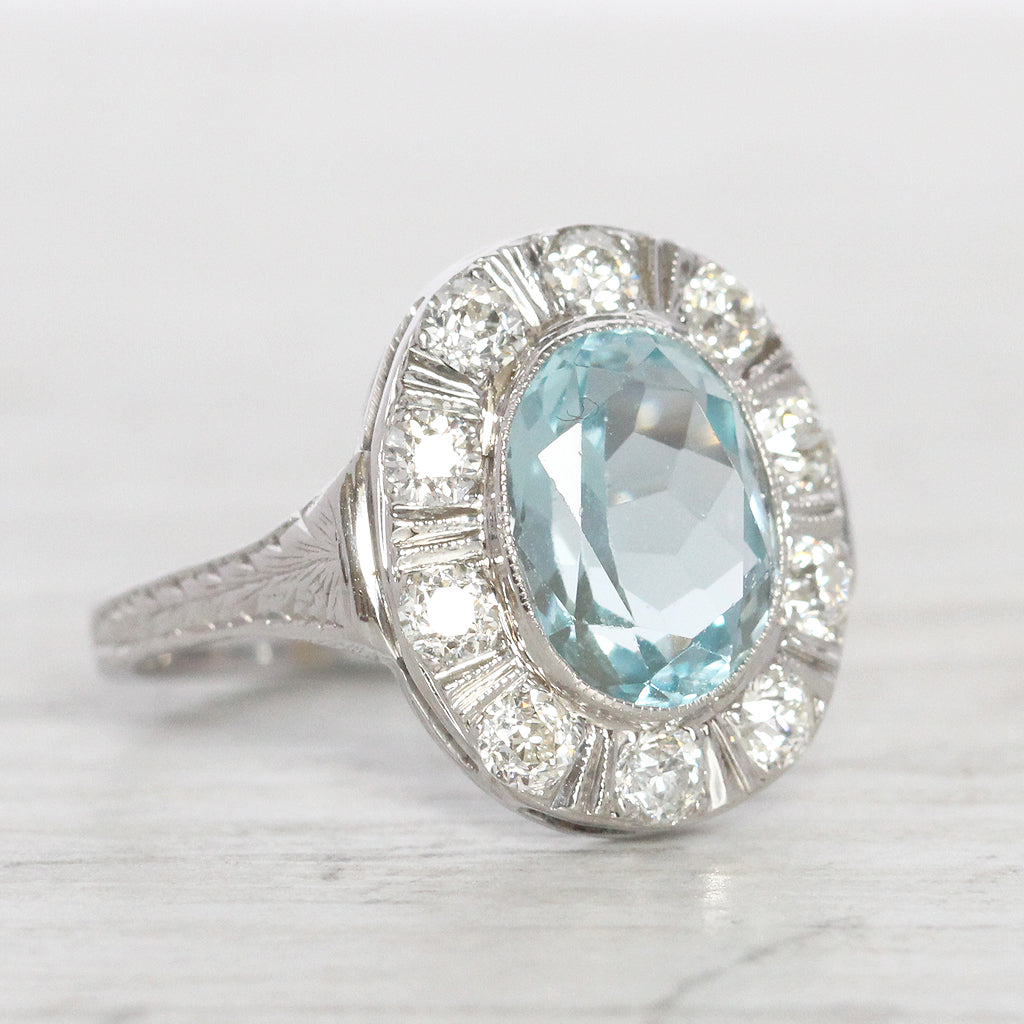 Art Deco Style Carat Aquamarine and Old Cut Diamond Cluster