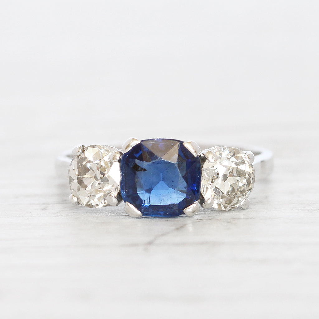 French Art Deco 1 Carat Sapphire and Old Cut Diamond Three Stone