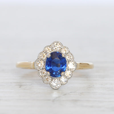 Edwardian Style 0.78 Carat Sapphire and Old Cut Diamond Cluster