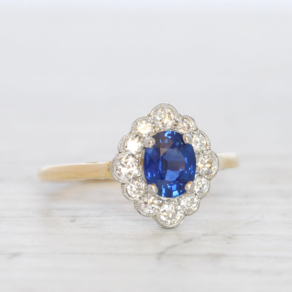 Edwardian Style 0.78 Carat Sapphire and Old Cut Diamond Cluster