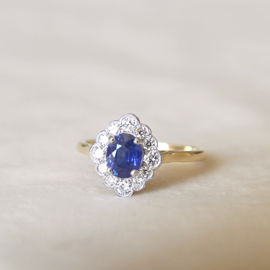 Edwardian Style 0.78 Carat Sapphire and Old Cut Diamond Cluster