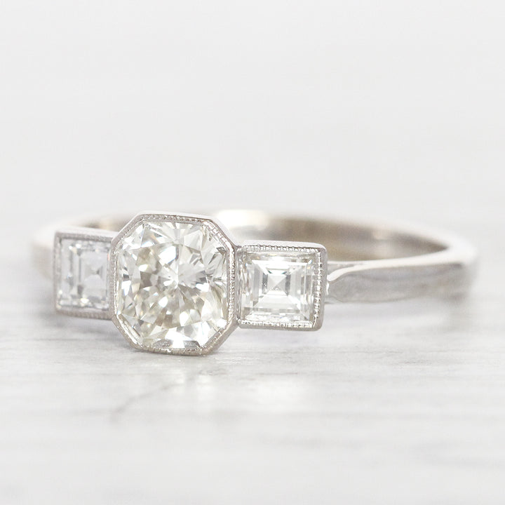Art Deco Style 1.25 Carat Radiant and Carré Cut Diamond Three Stone
