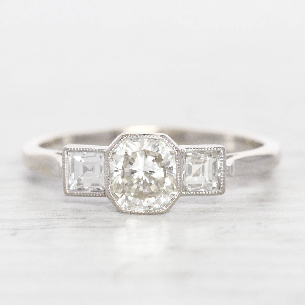 Art Deco Style 1.25 Carat Radiant and Carré Cut Diamond Three Stone