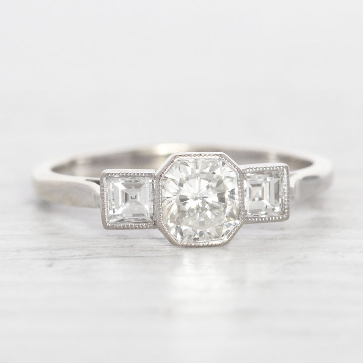 Art Deco Style 1.25 Carat Radiant and Carré Cut Diamond Three Stone