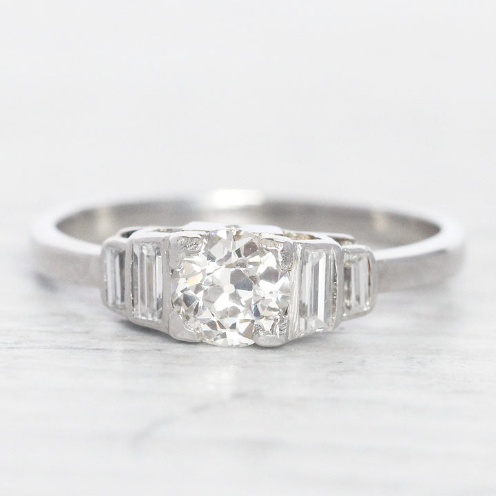 Art Deco 0.50 Carat Old European Cut Diamond Solitaire with Baguette Diamond Shoulders