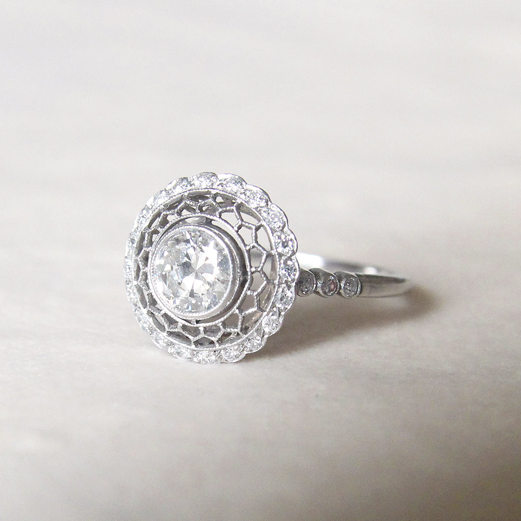 Art Deco 0.71 Carat Transitional Cut Diamond Filigree Halo Ring