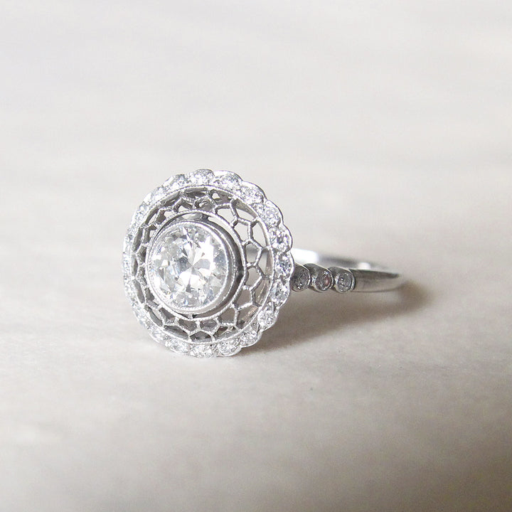 Art Deco 0.71 Carat Transitional Cut Diamond Filigree Halo Ring
