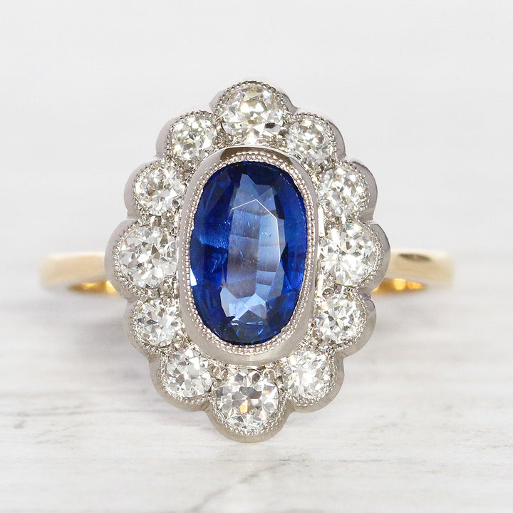 Vintage Style 1.65 Carat Sapphire and Old Cut Diamond Cluster