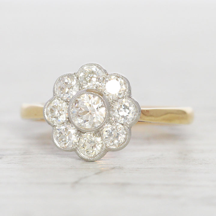 Edwardian Style 0.91 Carat Old Cut Diamond Daisy Cluster
