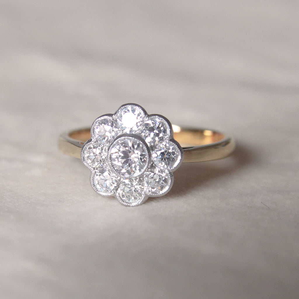 Edwardian Style 0.91 Carat Old Cut Diamond Daisy Cluster