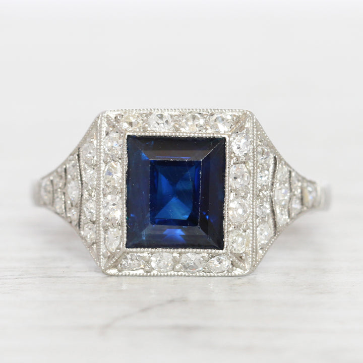 French Art Deco 2.45 Carat Sapphire and Old Cut Diamond Cluster