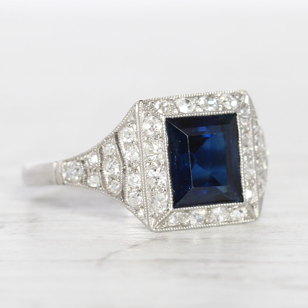 French Art Deco 2.45 Carat Sapphire and Old Cut Diamond Cluster