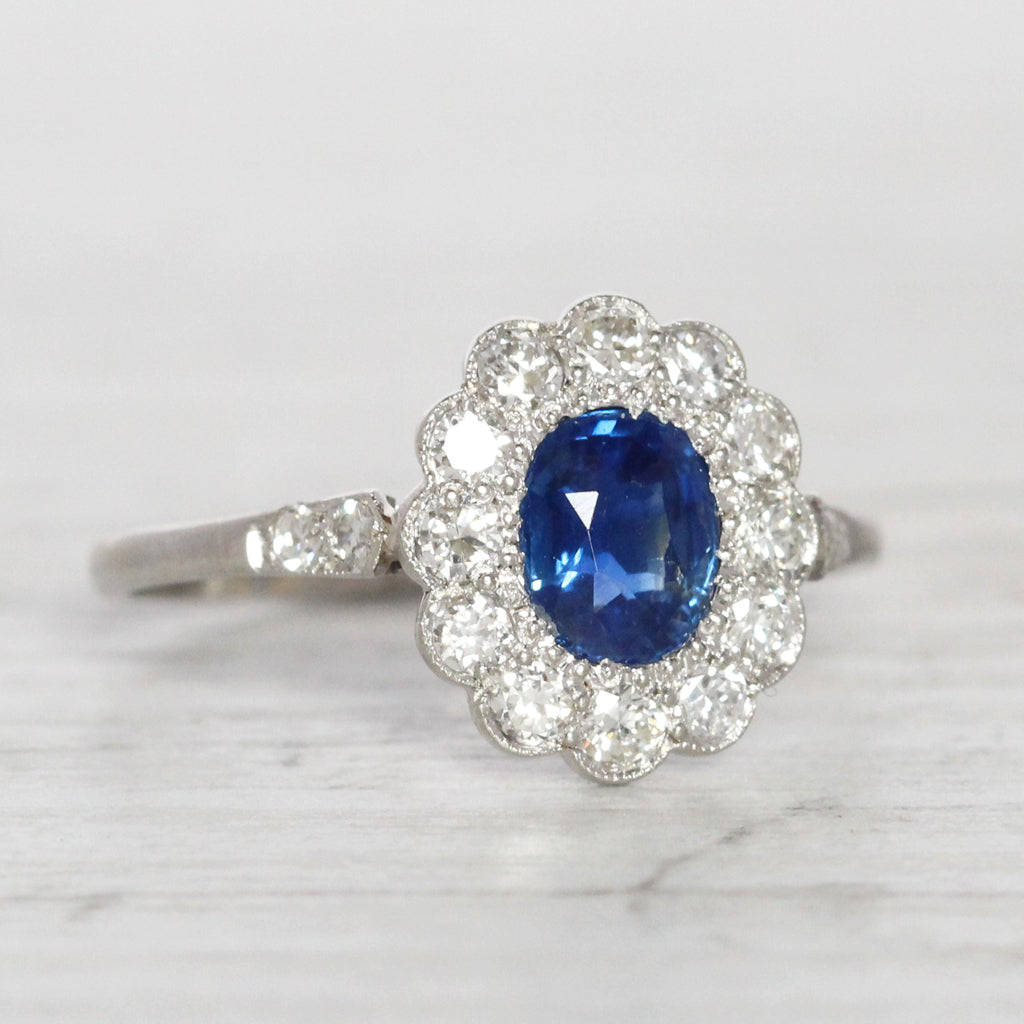 Edwardian 0.90 Carat Sapphire and Old Cut Diamond Cluster