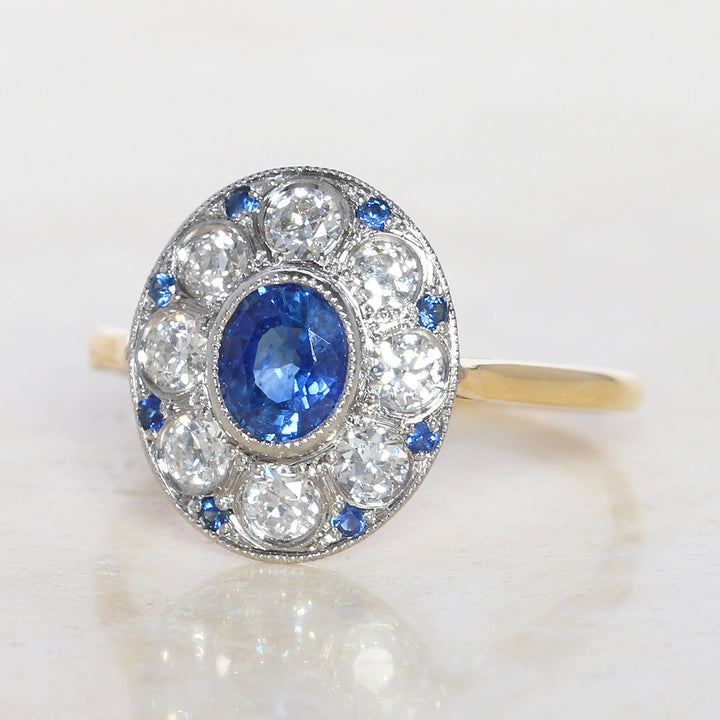 Edwardian Style 0.85 Carat Sapphire and Old Cut Diamond Cluster