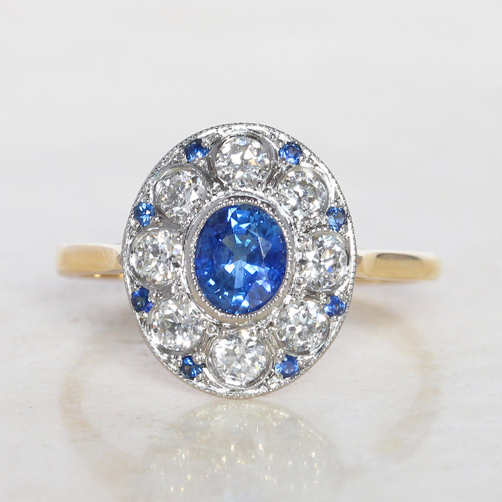 Edwardian Style 0.85 Carat Sapphire and Old Cut Diamond Cluster