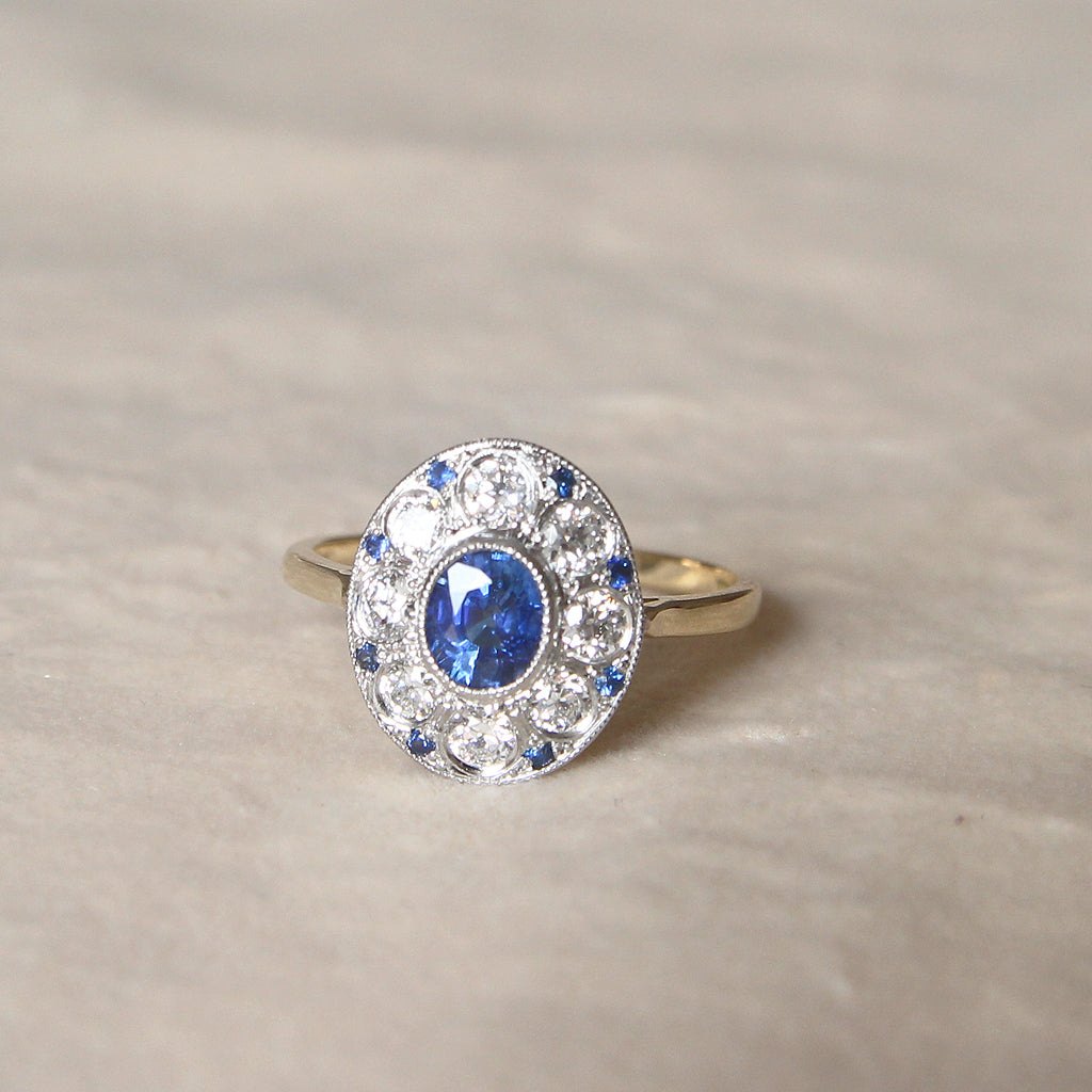 Edwardian Style 0.85 Carat Sapphire and Old Cut Diamond Cluster