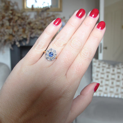 Edwardian Style 0.85 Carat Sapphire and Old Cut Diamond Cluster