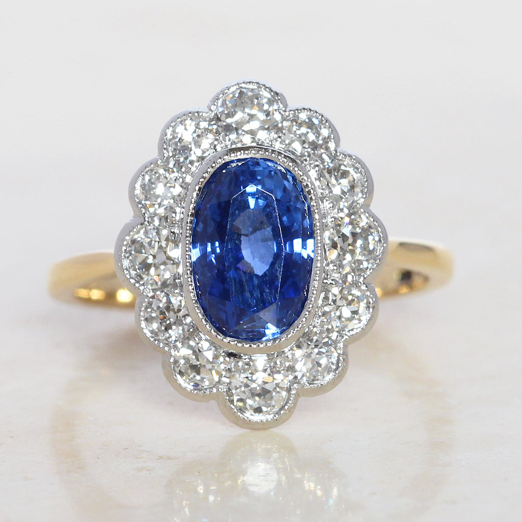 Edwardian Style 2.55 Carat Sapphire and Old Cut Diamond Cluster