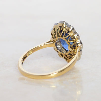 Edwardian Style 2.55 Carat Sapphire and Old Cut Diamond Cluster