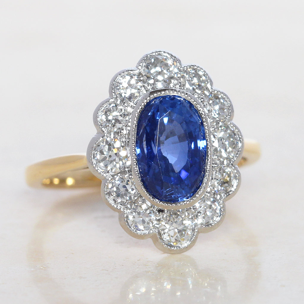 Edwardian Style 2.55 Carat Sapphire and Old Cut Diamond Cluster