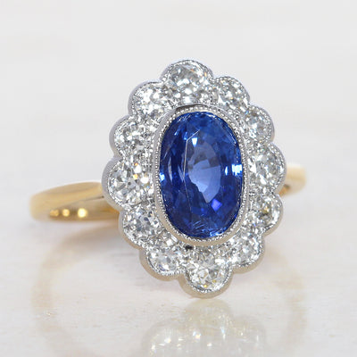 Edwardian Style 2.55 Carat Sapphire and Old Cut Diamond Cluster