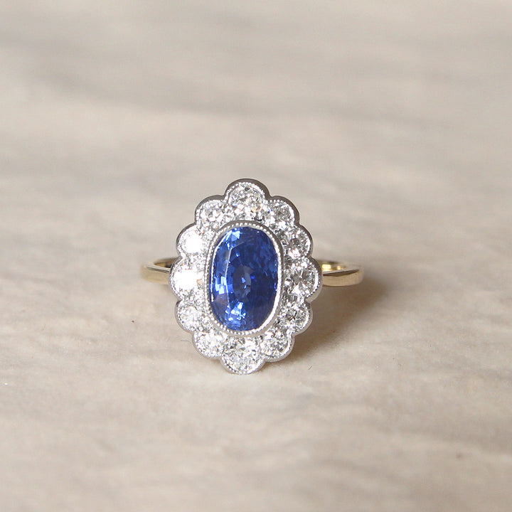 Edwardian Style 2.55 Carat Sapphire and Old Cut Diamond Cluster
