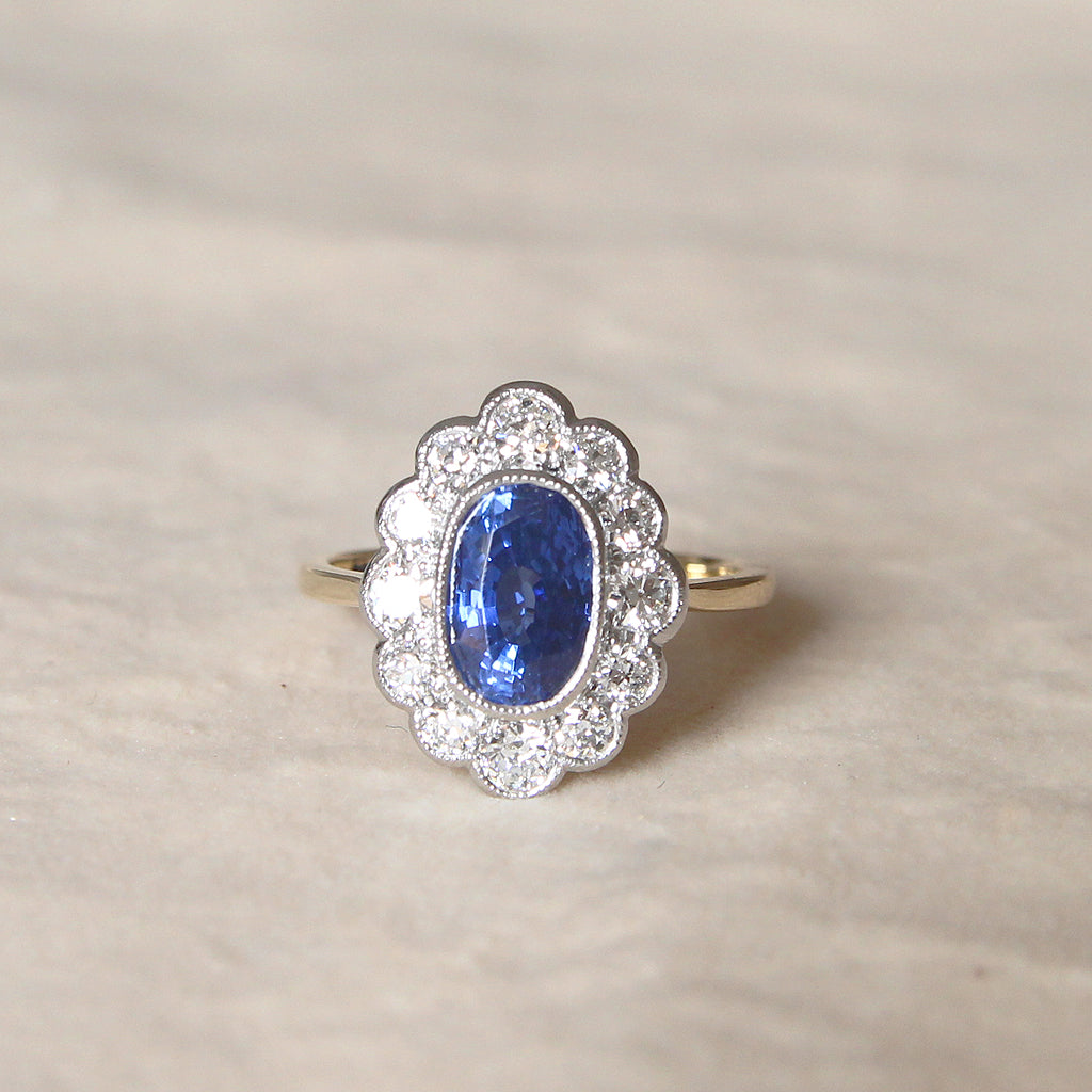 Edwardian Style 2.55 Carat Sapphire and Old Cut Diamond Cluster